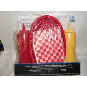 Barbeque Serving Set 8 Red Baskets Ketchup Mustard Bottle Paper Liners BBQ Fish